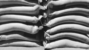 Black and white close-up of stacked sandbags, featuring texture and symmetry.
